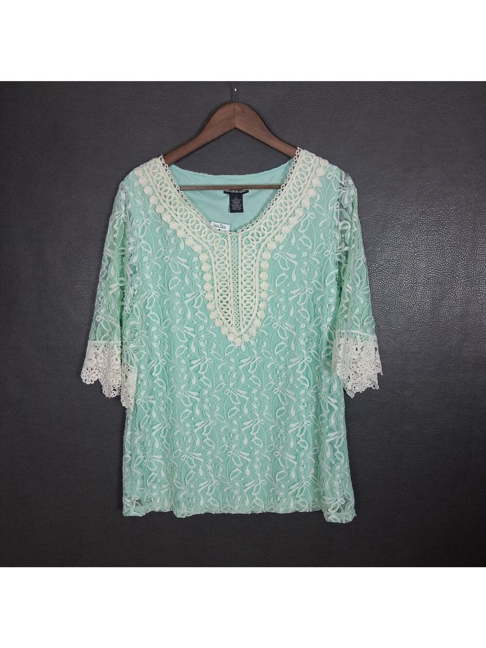 Lauren Michelle Top Womens Large Embroidered Floral Teal Turquoise Summer Boho